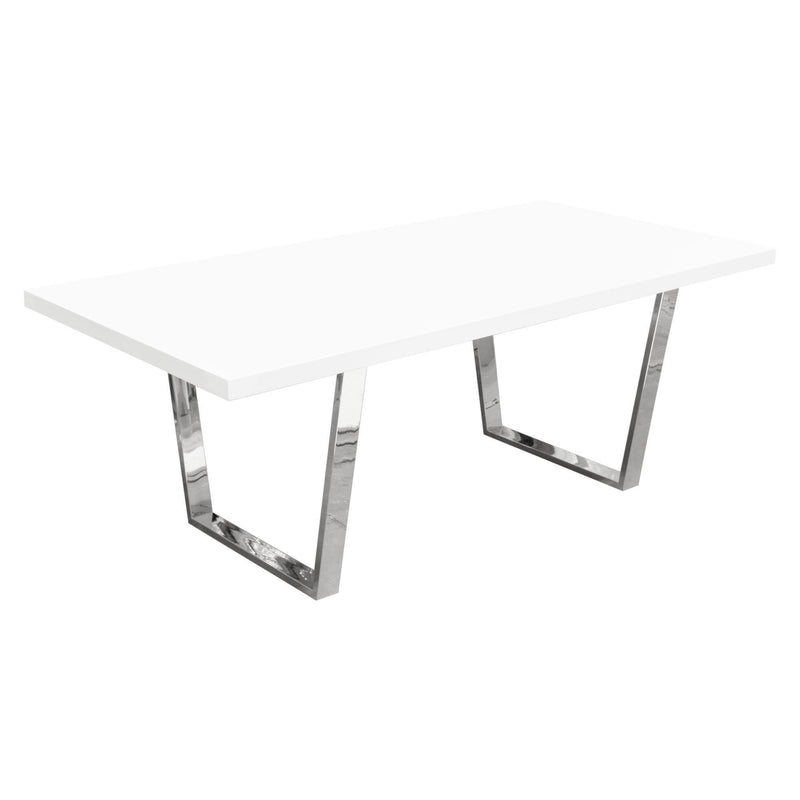Mirage Rectangular Dining Table w/ White Lacquer Top and Polished Silver Metal Base by Diamond Sofa - R&R Furniture Gallery (Fountain Valley, CA)