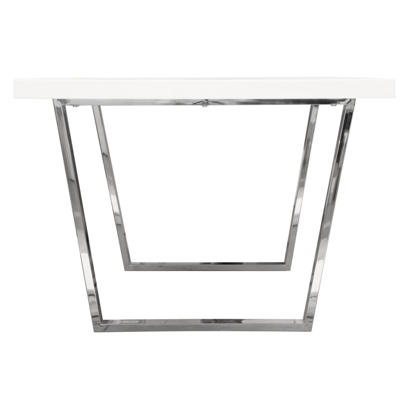 Mirage Rectangular Dining Table w/ White Lacquer Top and Polished Silver Metal Base by Diamond Sofa - R&R Furniture Gallery (Fountain Valley, CA)