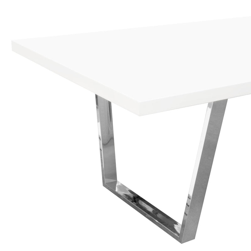 Mirage Rectangular Dining Table w/ White Lacquer Top and Polished Silver Metal Base by Diamond Sofa - R&R Furniture Gallery (Fountain Valley, CA)