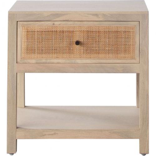 Sadler 1-Drawer Solid Mango Wood Accent Table in Natural Finish w/ Cane Door Fronts