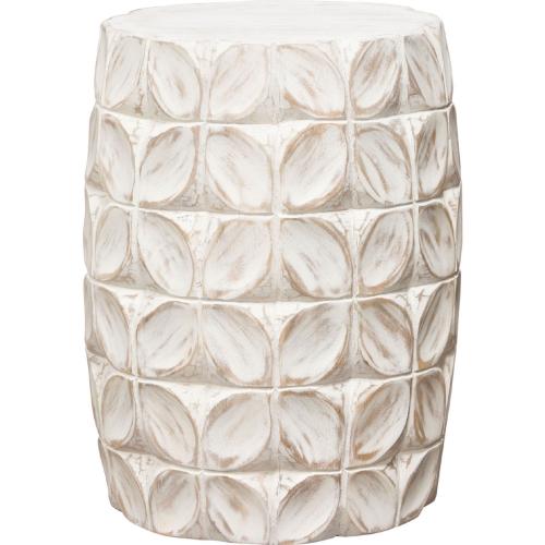 Fig Solid Mango Wood Accent Table in Distressed White Finish w/ Leaf Motif