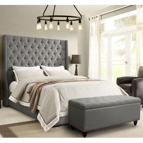 Park Avenue Eastern King Tufted Bed with Vintage Wing in Grey Linen