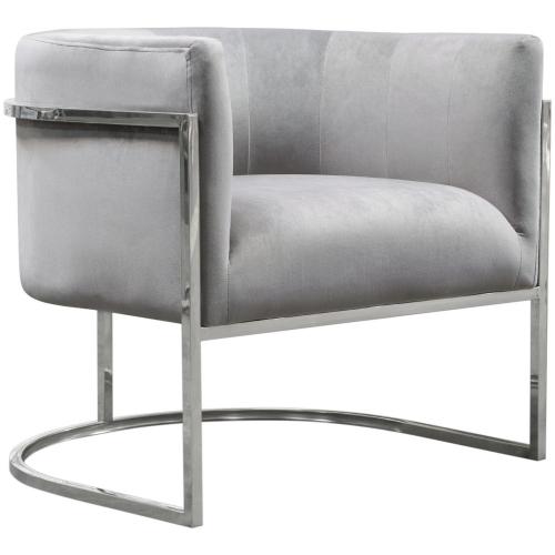 Pandora Accent Chair in Grey Velvet with Polished Silver Stainless Steel Frame