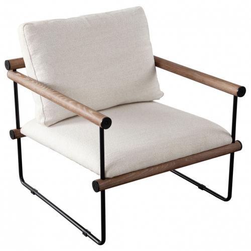 Liam Accent Chair in Cream Fabric w/ Metal Frame & Wood Arm