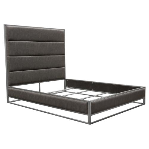 Empire Queen Bed in Weathered Grey PU with Hand brushed Silver Metal Frame