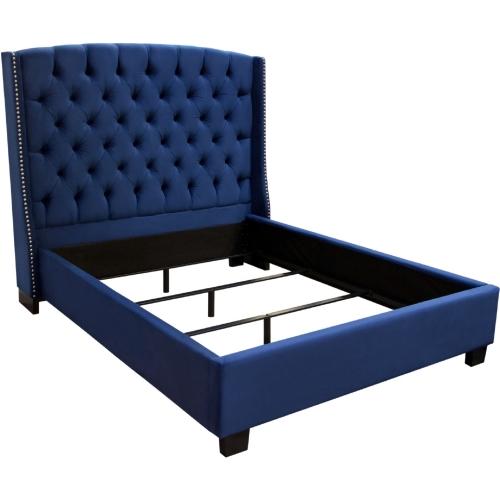 Majestic Eastern King Tufted Bed in Royal Navy Velvet with Nail Head Wing Accents