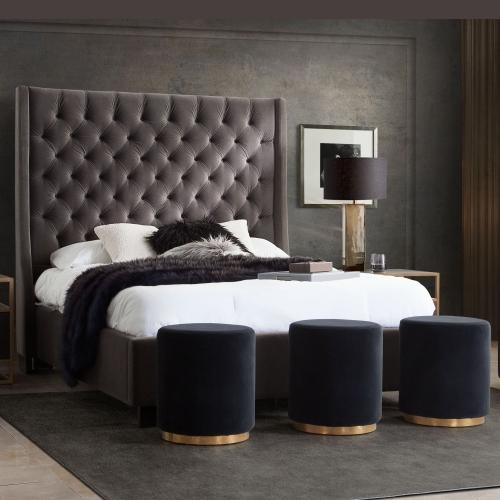 Park Avenue Eastern King Tufted Bed with Vintage Wing in Smoke Grey Velvet