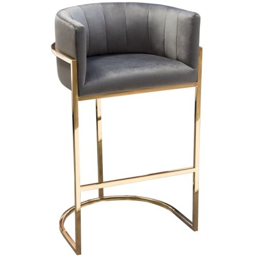 Pandora Bar Height Chair in Grey Velvet with Polished Gold Frame