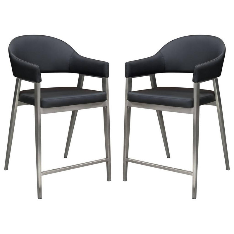 Adele Set of Two Counter Height Chairs in Black Leatherette w/ Brushed Stainless Steel Leg