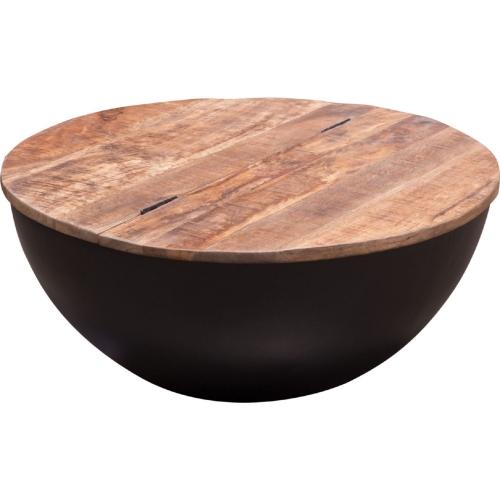 Salem Round Drum Storage Cocktail Table w/ Natural Mango Wood Top & Metal Base
