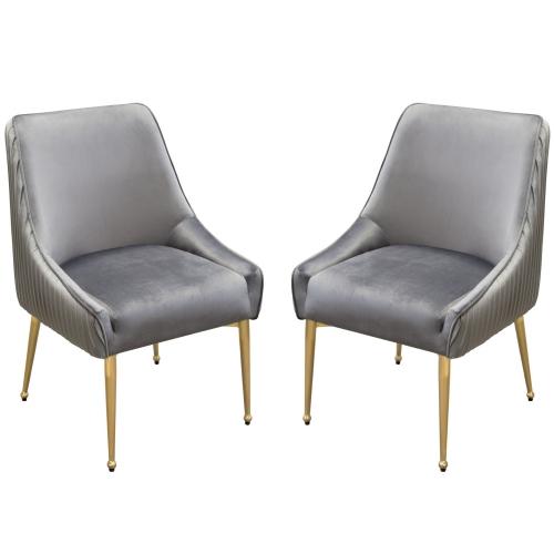 Set of (2) Quinn Dining Chairs w/ Vertical Outside Pleat Detail and Contoured Arm in Grey Velvet w/ Brushed Gold Metal Leg