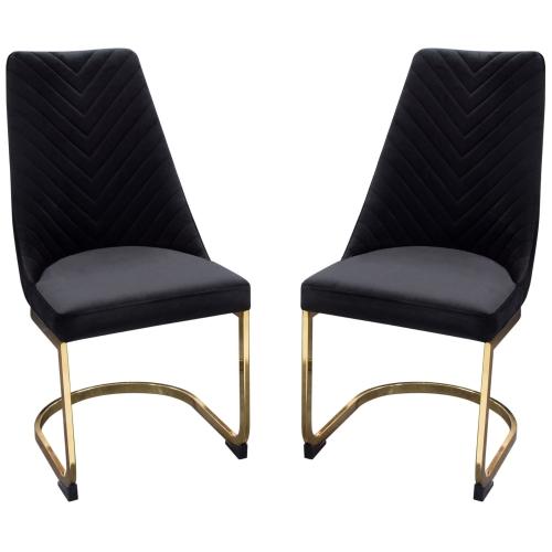 Vogue Set of (2) Dining Chairs in Black Velvet with Polished Gold Metal Base