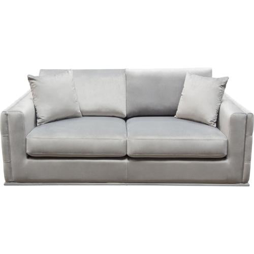 Envy Loveseat in Platinum Grey Velvet with Tufted Outside Detail and Silver Metal Trim