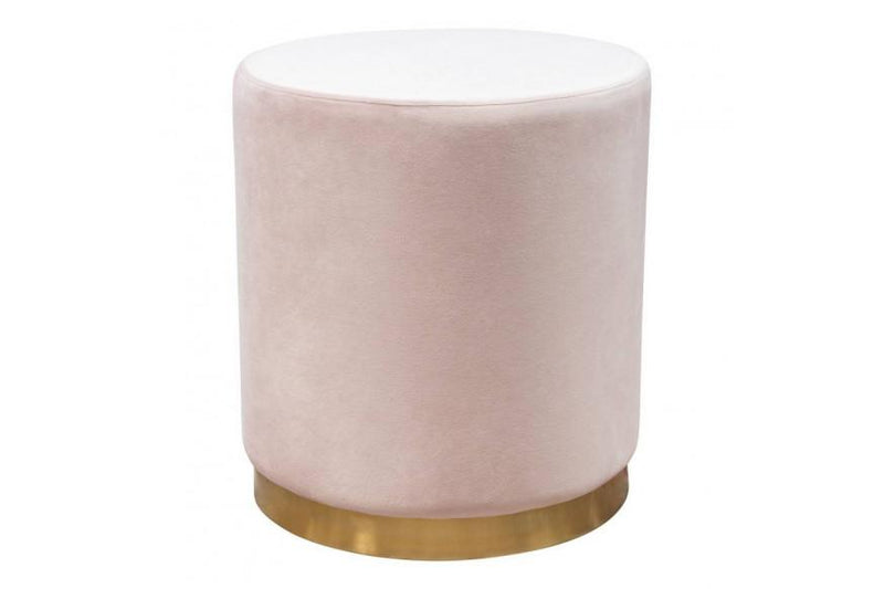 Sorbet Round Accent Ottoman in Blush Pink Velvet w/ Gold Metal Band Accent