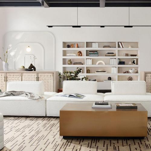 Cara 3-Piece Square Modular Lounger in Ivory Boucle Fabric w/ Moveable, Non-Skid Backrest