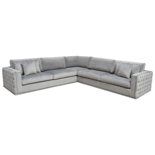Envy 3PC Sectional in Platinum Grey Velvet with Tufted Outside Detail and Silver Metal Trim