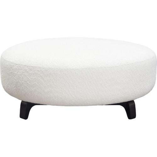 Vesper Round Ottoman in Faux White Shearling w/ Black Wood Leg Base