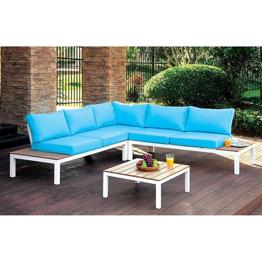 WINONA White/Oak/Blue Patio Sectional w/ Table - R&R Furniture Gallery (Fountain Valley, CA)