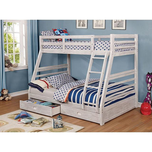 California III Wire-Brushed White Twin/Full Bunk Bed w/ 2 Drawers - R&R Furniture Gallery (Fountain Valley, CA)