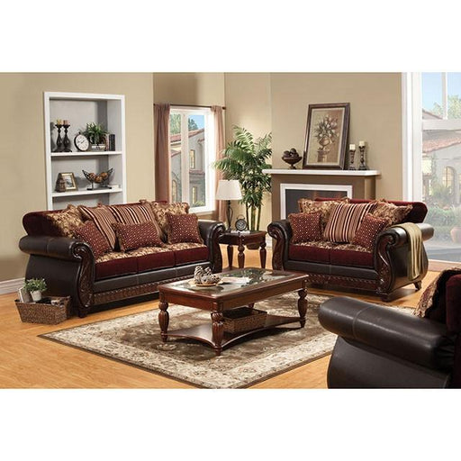 Franklin Burgundy/Espresso Love Seat, Burgundy - R&R Furniture Gallery (Fountain Valley, CA)