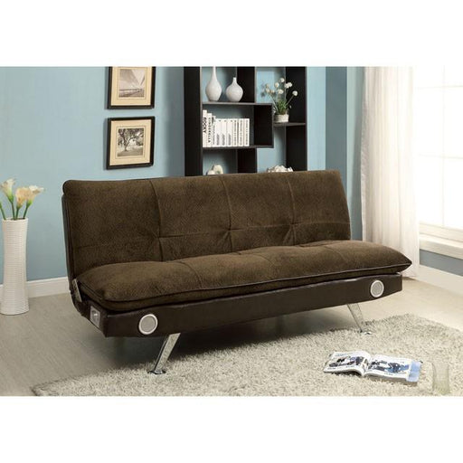 GALLAGHER Dark Brown/Chrome Futon Sofa w/ Bluetooth Speaker, Brown - R&R Furniture Gallery (Fountain Valley, CA)