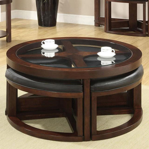 Crystal Cove II Dark Walnut Round Coffee Table w/ 4 Stools - R&R Furniture Gallery (Fountain Valley, CA)
