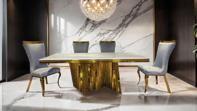 Basilicata 7 Pc Dining Table Set Chrome & Gold 5 - R&R Furniture Gallery (Fountain Valley, CA)