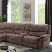 Dark brown FOA West Jerominus sectional sofa with plush cushions and modern design, shown in a stylish living room setting.