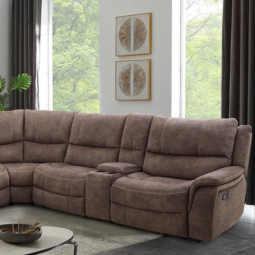 Dark brown FOA West Jerominus sectional sofa with plush cushions and modern design, shown in a stylish living room setting.