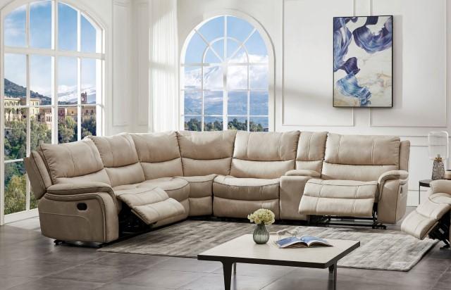 Beige FOA West Jerominus sectional sofa with plush cushions, modern design, and spacious seating in a stylish living room setting.