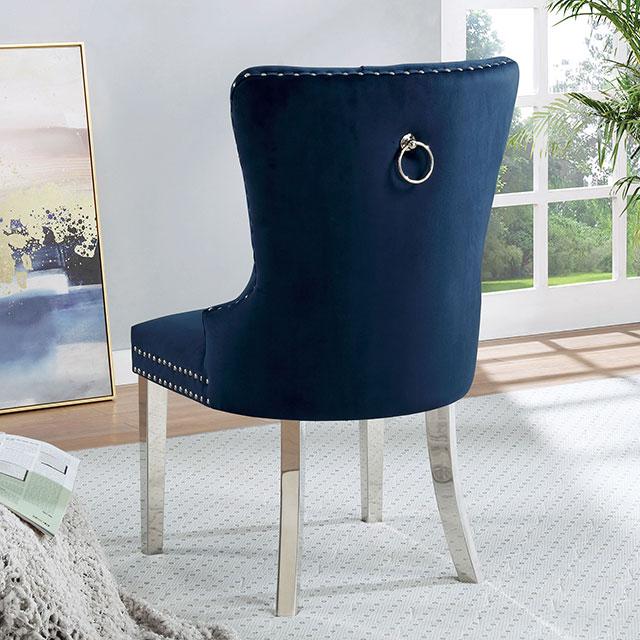 Blue FOA West Jewett dining chair with sleek modern design, shown from a side angle in a well-lit room setting.