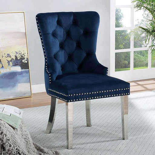 Blue FOA West Jewett dining chair with modern design, shown in a well-lit setting with a sleek, comfortable appearance.