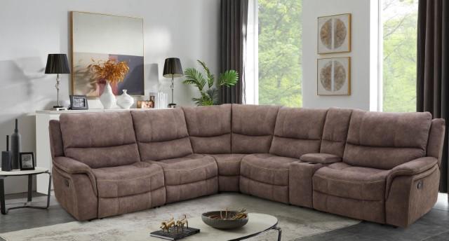 Dark brown FOA West Jerominus sectional sofa with plush cushions and modern design, ideal for contemporary living rooms.