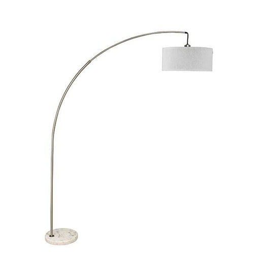 Jess Brushed Steel Arch Lamp by FOA West featuring a sleek curved design and brushed steel finish.
