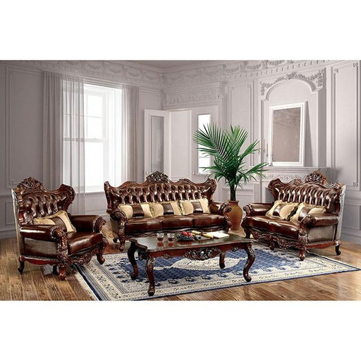 Dark oak FOA West Jericho Brown sofa with plush cushions and modern design, shown in a stylish living room setting.