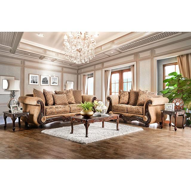 NICANOR Tan/Gold Love Seat - R&R Furniture Gallery (Fountain Valley, CA)