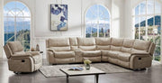 Beige FOA West Jerominus sectional sofa with plush cushions and modern design, shown in a spacious living room setting.