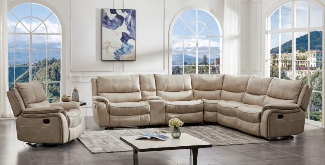 Beige FOA West Jerominus sectional sofa with plush cushions and modern design, shown in a spacious living room setting.