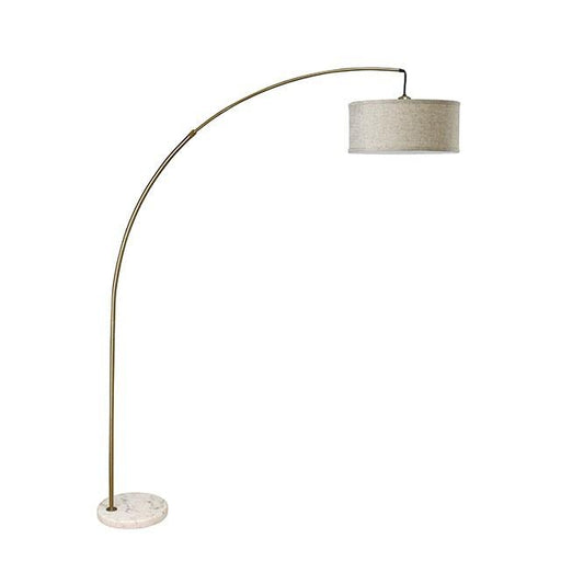 Jess Antique Gold Arch Lamp by FOA West with a curved gold metal arch and a sleek lampshade, stylishly designed for modern interiors.