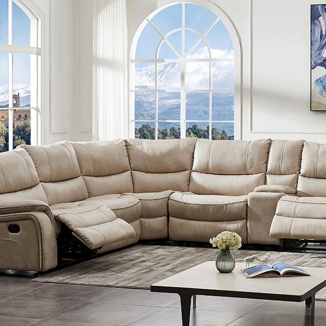 Foaminus beige sectional sofa by FOA West, showing a modern, plush fabric sectional with clean lines and spacious seating.