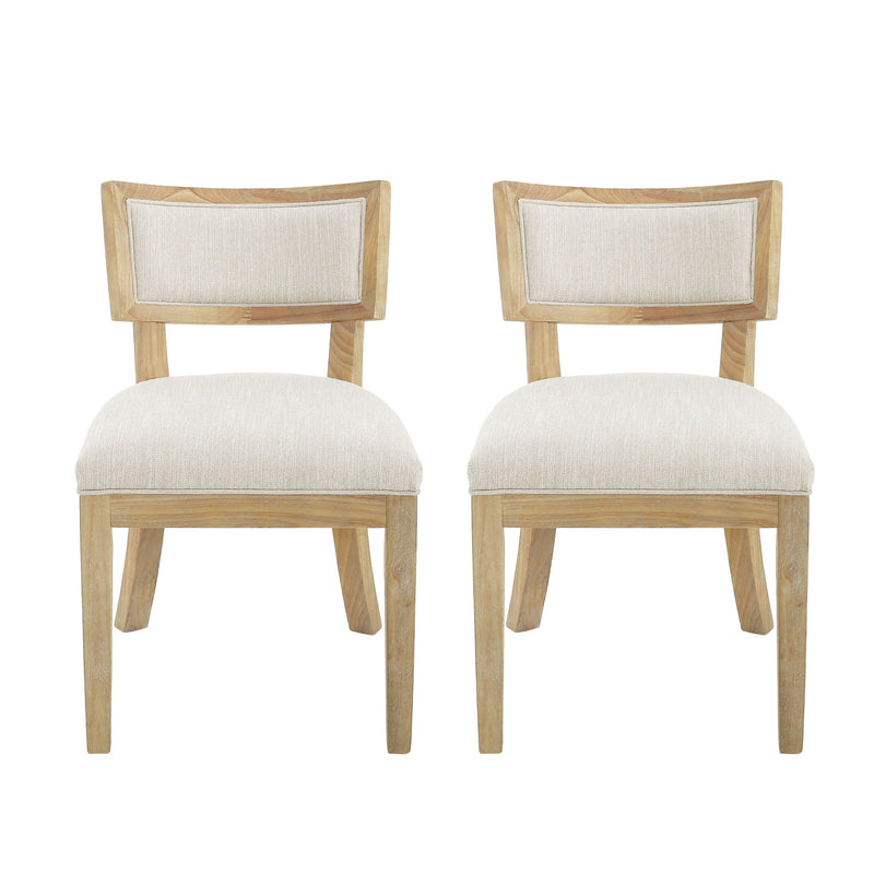 Set of two Noble House farmhouse style fabric upholstered side dining chairs with cushioned seats and wooden legs.