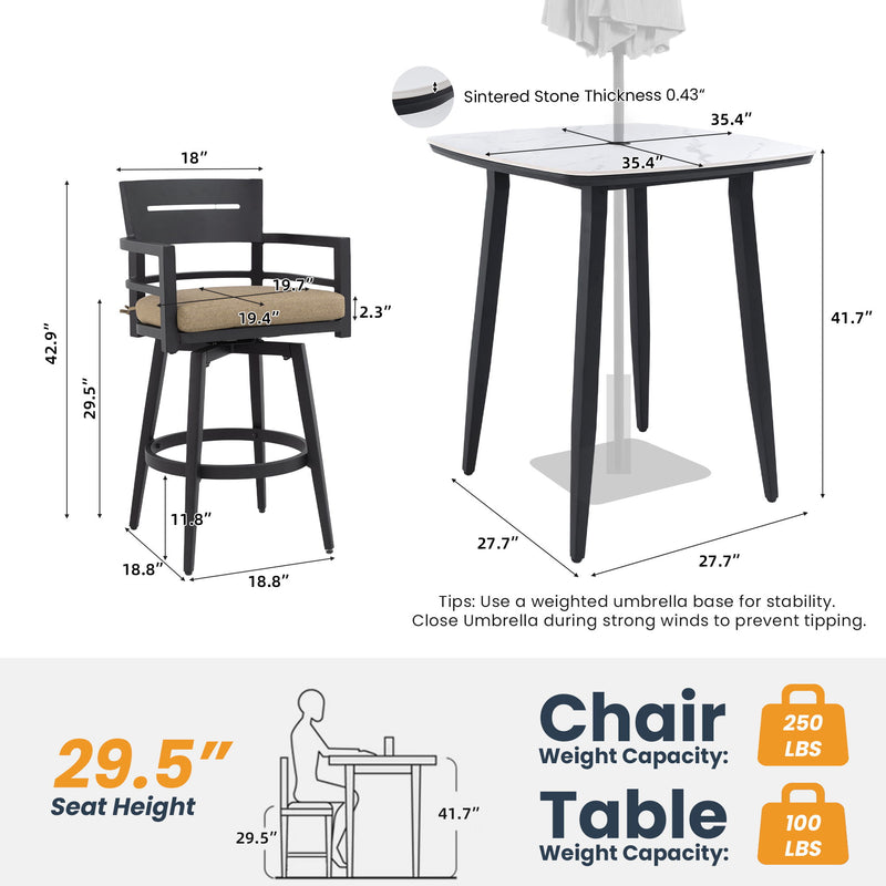 Life Outside 5-piece outdoor patio bar set with rounded square sintered stone table and four swivel bar chairs.