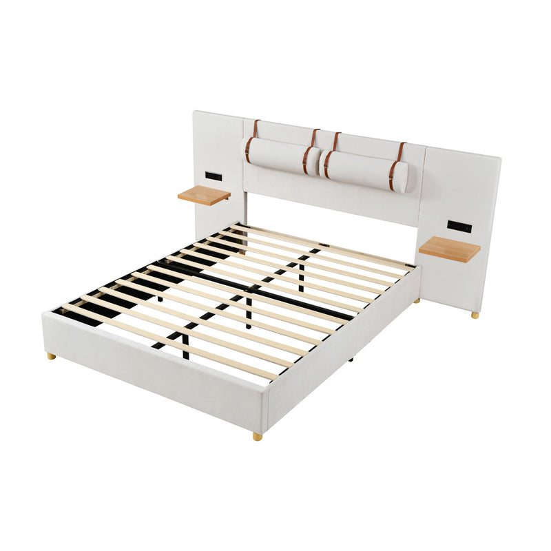 Upholstered Platform Bed, 2 Outlets And USB Charging Ports On Both Sides, 2 Bedside Pillows, Storage Shelves - R&R Furniture Gallery (Fountain Valley, CA)