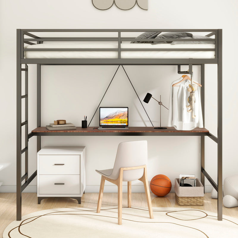 Adam - Twin Loft Bunk Bed With Cinnamon Wood Desk And Closet Rod - Black - R&R Furniture Gallery (Fountain Valley, CA)