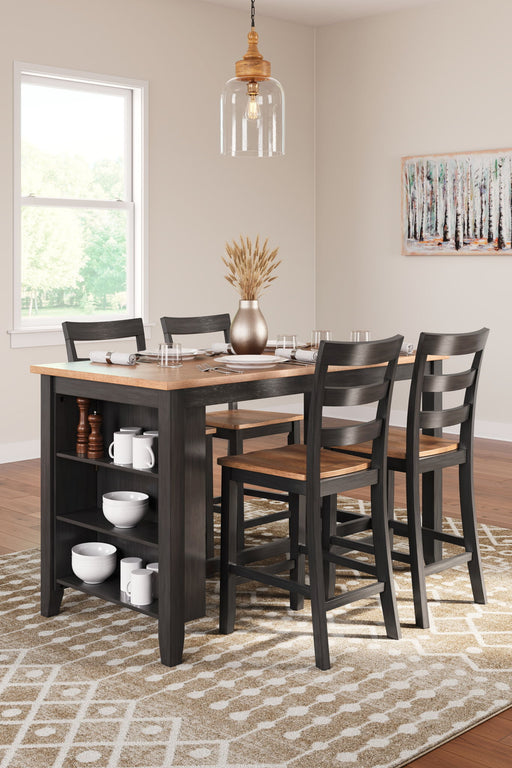 Rectangular dining room counter set with five pieces from Signature Design by Ashley, featuring a wooden table and matching chairs.