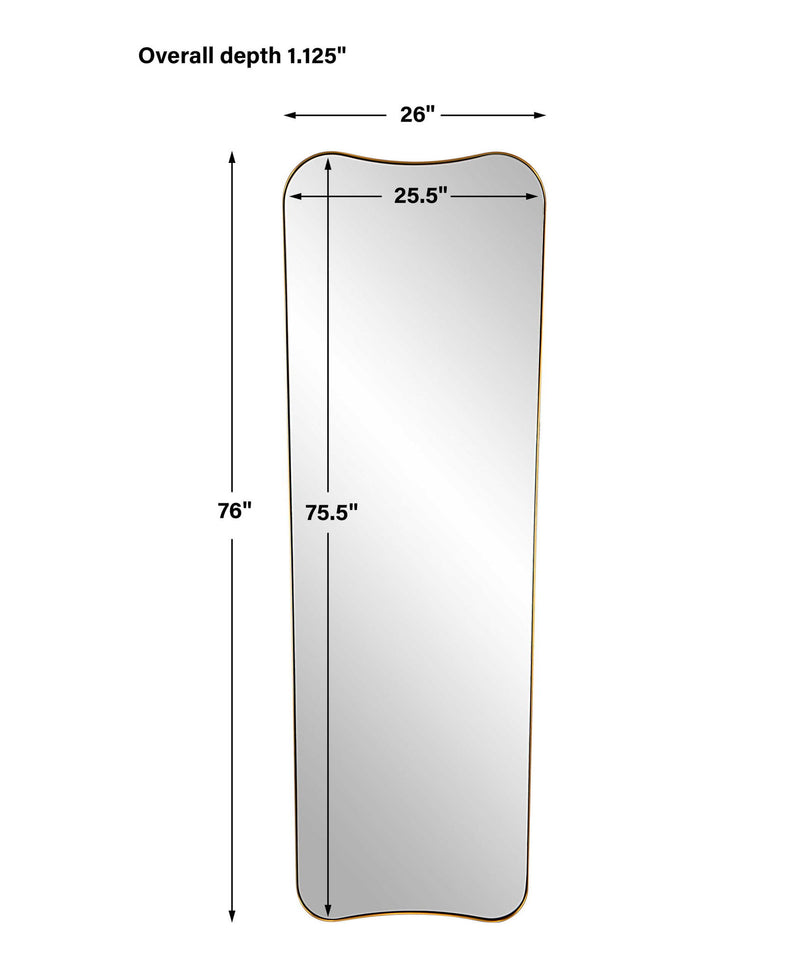 Uttermost Belvoir large wall mirror with antique brass finish, featuring an elegant, reflective glass surface and decorative frame.