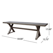Modern aluminum outdoor dining bench with dark gray finish and X base by Noble House, showcasing a sleek, sturdy design for outdoor seating.