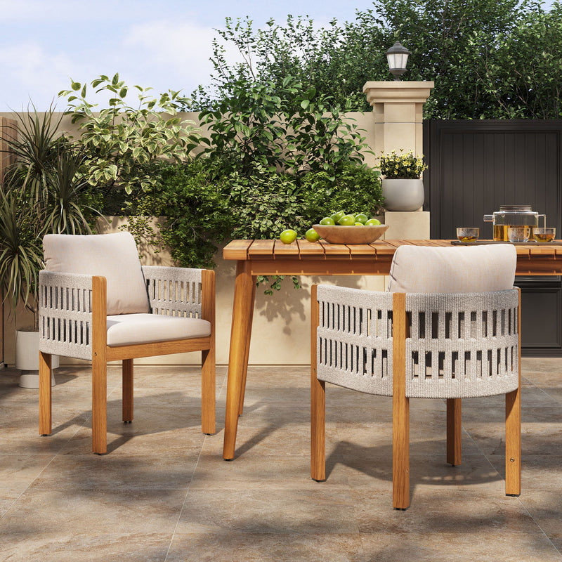 Set of two Noble House outdoor dining chairs with woven rope handles and sturdy frames, ideal for patio or garden seating.