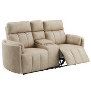 Elison - Motion Loveseat With Console - Dark Beige Polish Microfiber - R&R Furniture Gallery (Fountain Valley, CA)