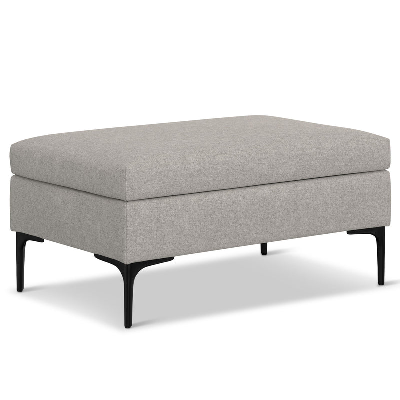 Simpli-Home Rebecca multifunctional coffee table and storage ottoman with a lift-up lid, in a cozy living room setting.